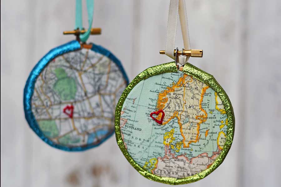 embroidered map ornaments