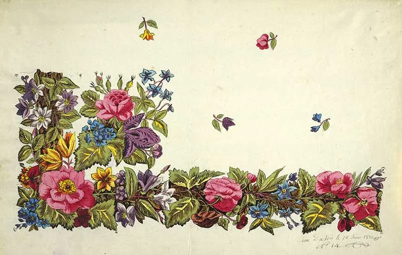Vintage Floral pattern border design, pink pansies, blue bells, green leaves