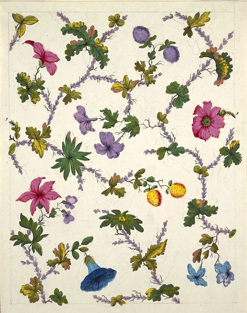 Intertwining pattern of pink, purple and blue flowers