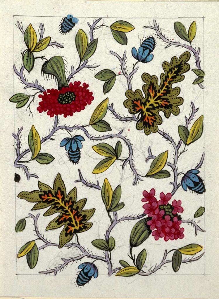 Multi-colored floral and leaf pattern.