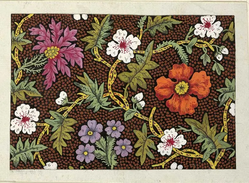 Orange, purple, pink and white flowers on dotted brown and black ground