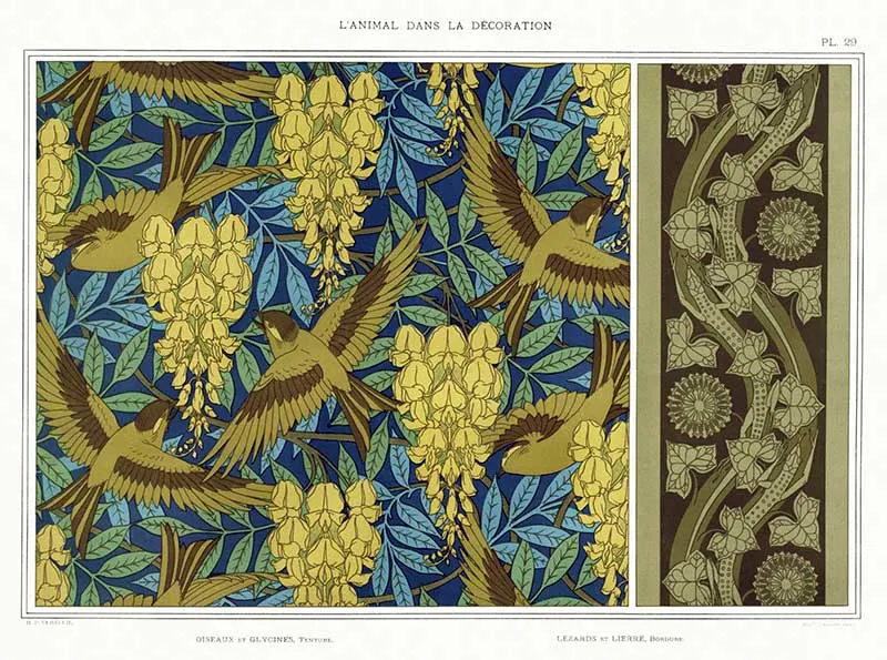 birds and wisteria wallpaper pattern