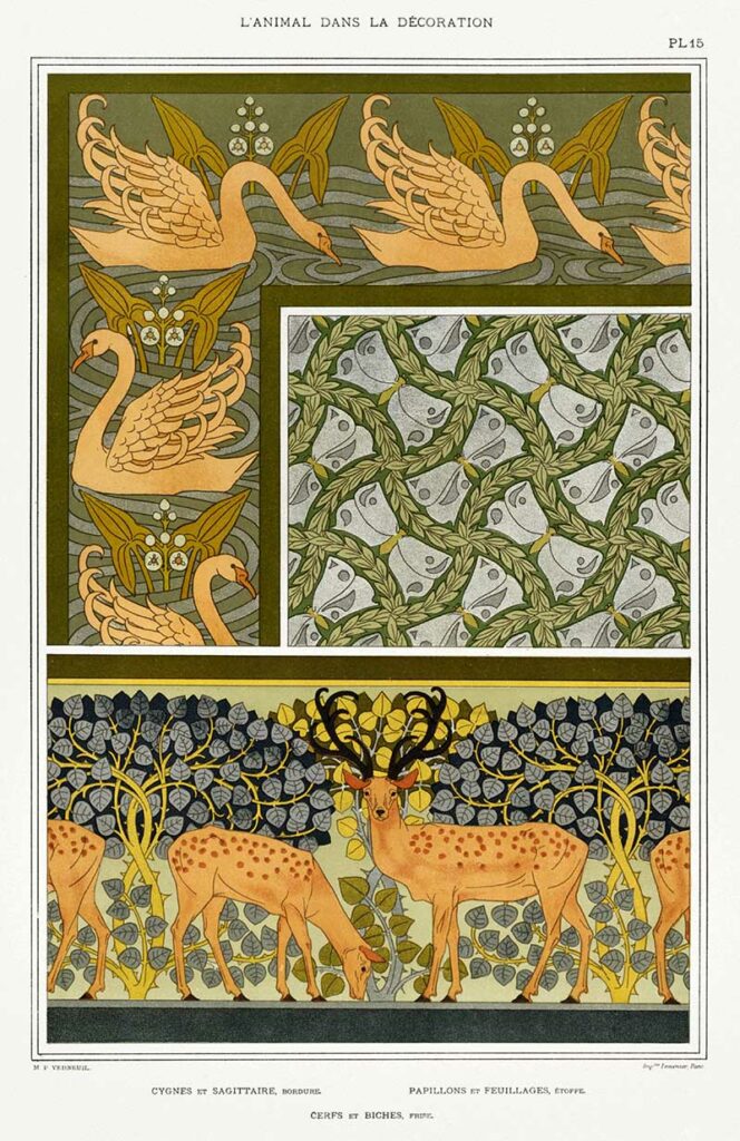 Swans and Deer Art Nouveau animal designs