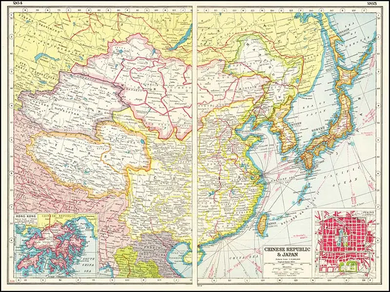 1920 Map of China Japan and Hong Kong