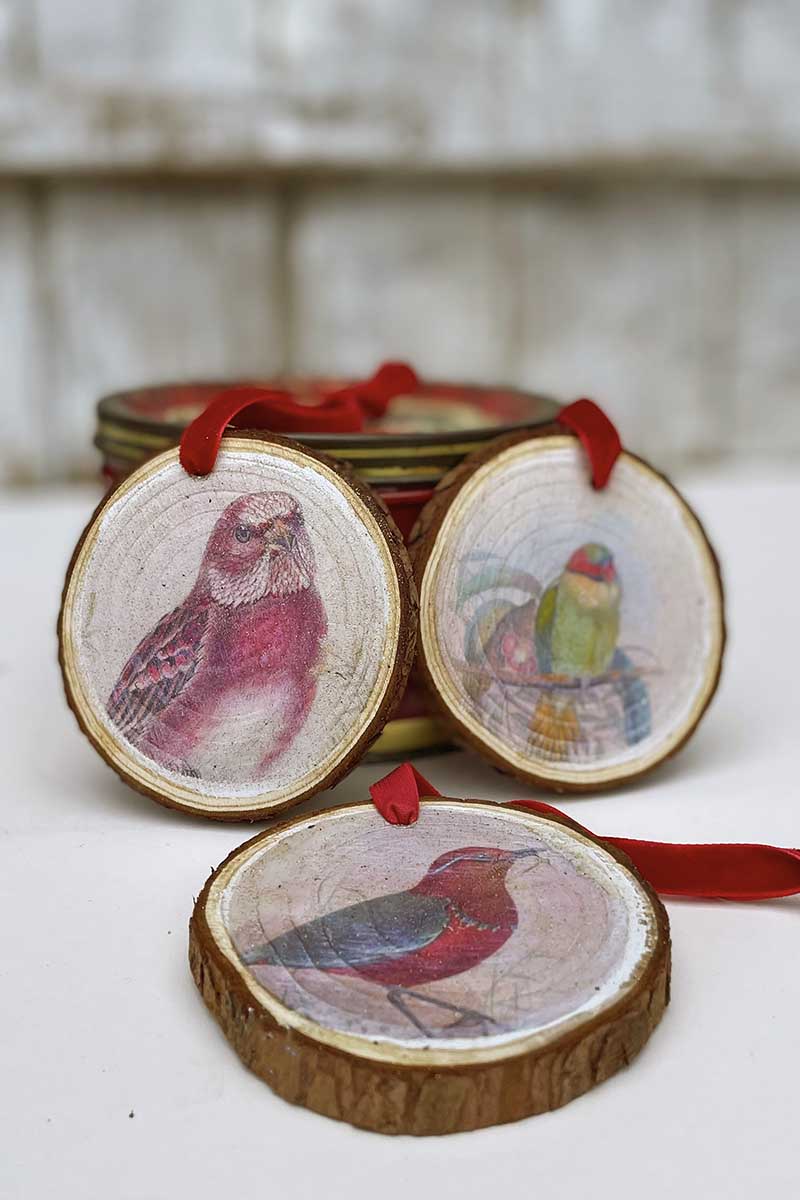 vintage bird wood slice ornaments