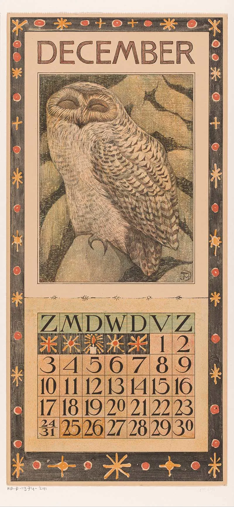 Art Nouveau Christmas December calendar page with snowy owl, Theo van Hoytema