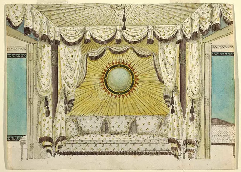 Frederick Crace watercolour drawing design of the bedroom or Royal Palace interiors