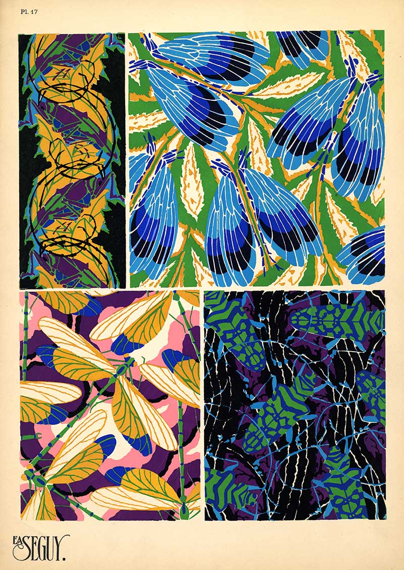 Dragonfly, moths and beatles Art Nouveau patterns by E.A. Seguy