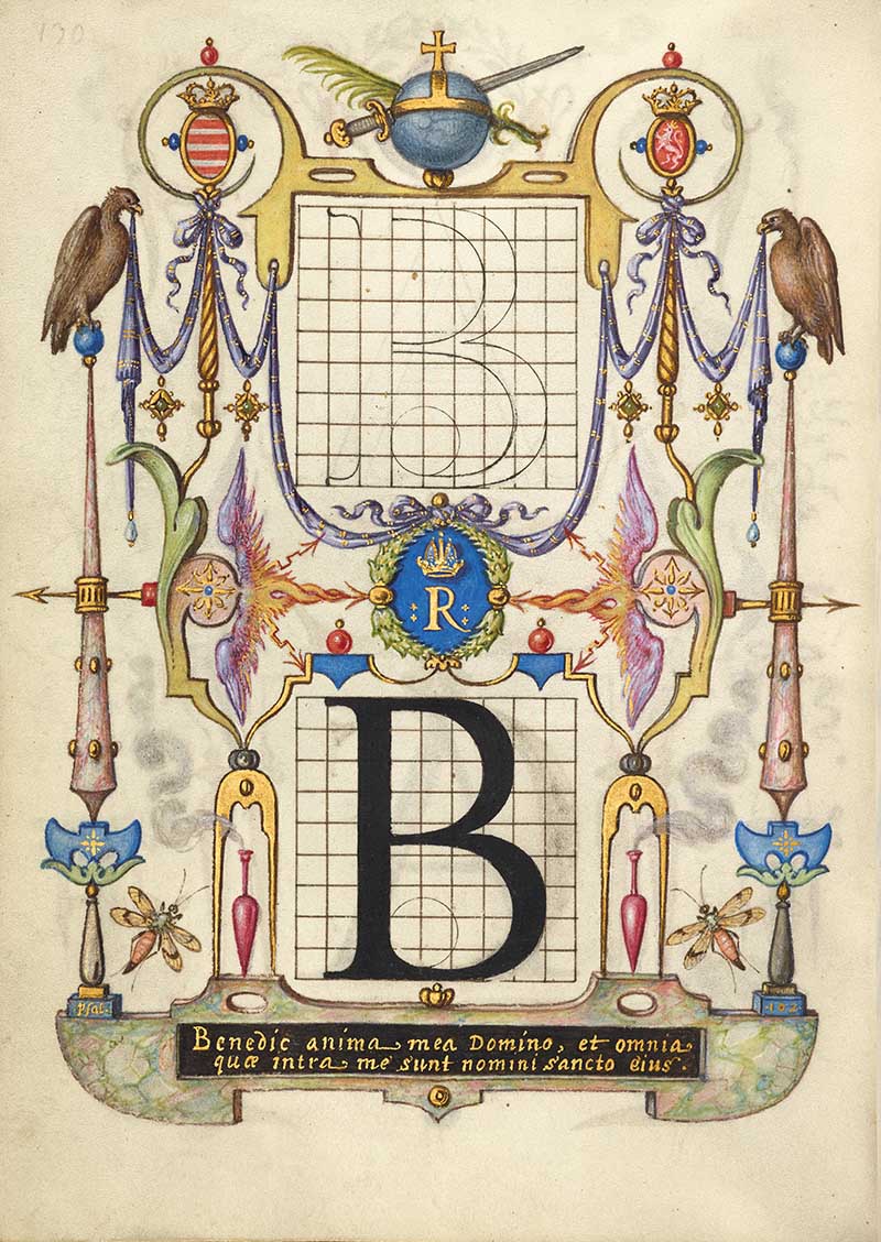 Guide for Constructing the Letter B; Joris Hoefnagel (Flemish / Hungarian, 1542 - 1600); Vienna, Austria; about 1591–1596; Watercolors, gold and silver paint, and ink on parchment; Leaf: