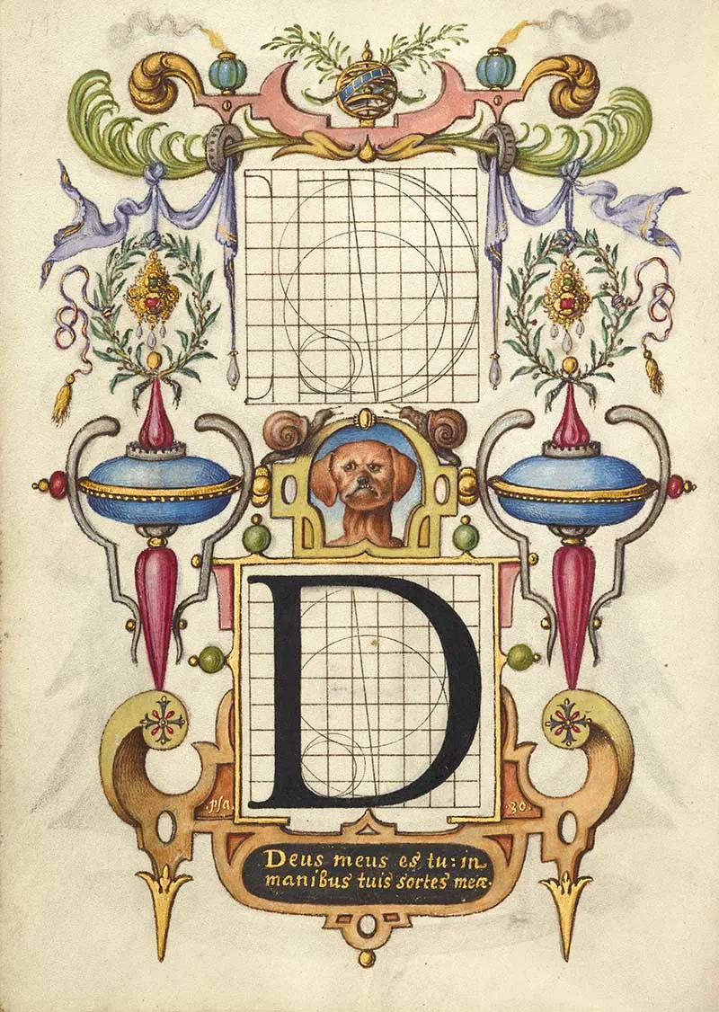Guide for Constructing the Letter D; Joris Hoefnagel (Flemish / Hungarian, 1542 - 1600); Vienna, Austria; about 1591–1596; Watercolors, gold and silver paint,