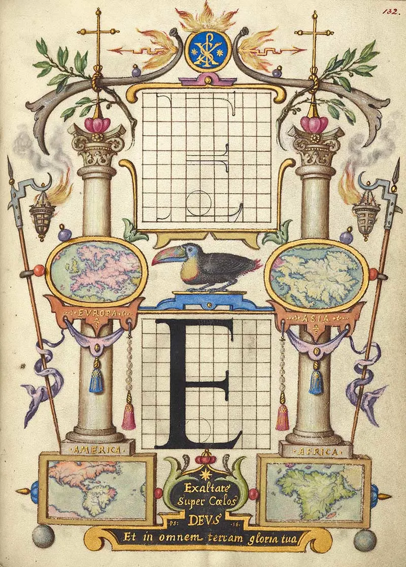 Guide for Constructing the Letter E; Joris Hoefnagel (Flemish / Hungarian, 1542 - 1600); Vienna, Austria; about 1591–1596;