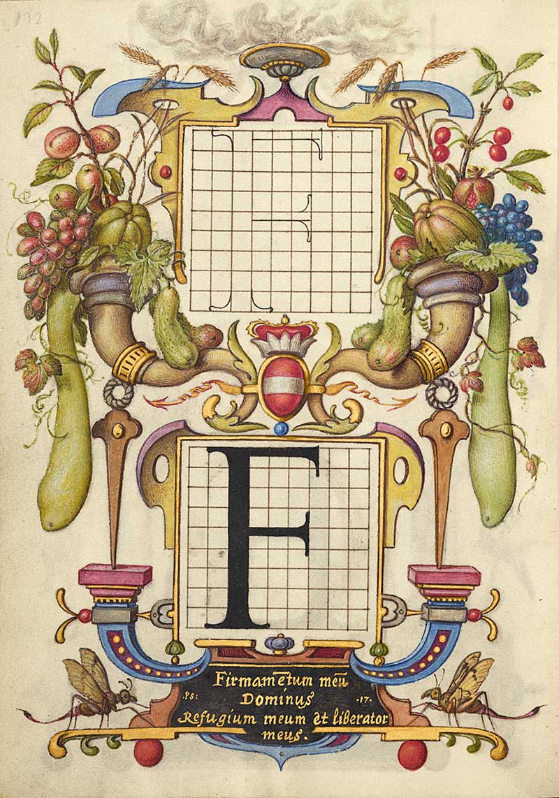 Guide for Constructing the Letter F; Joris Hoefnagel (Flemish / Hungarian, 1542 - 1600); Vienna, Austria; 