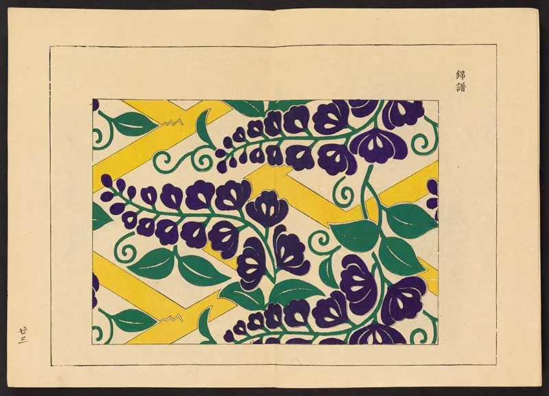 Print from Kyūko zufu design book blue flowerson vines