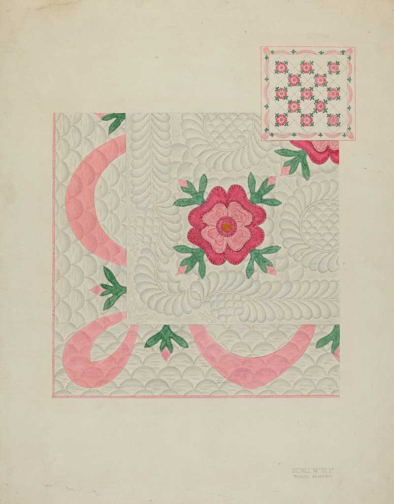 Pink Flower American Folk Art Quilt Design