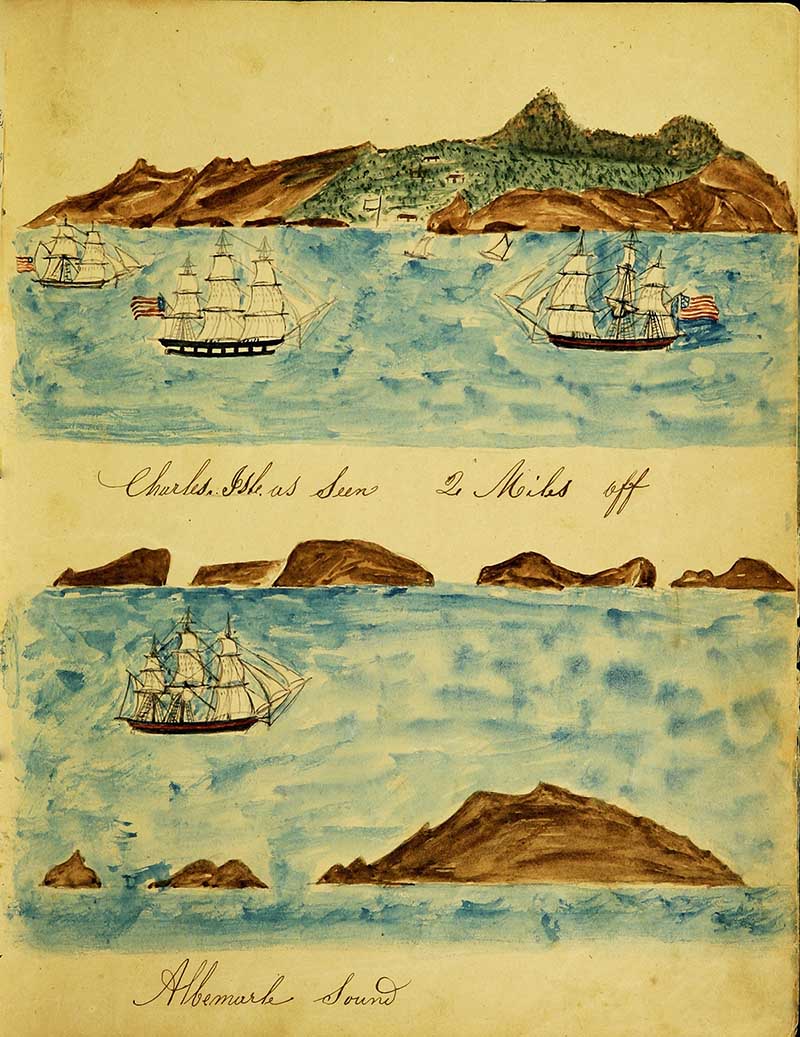 Vintage nautical illustration of ships from Susan Veeders whaling log 1849