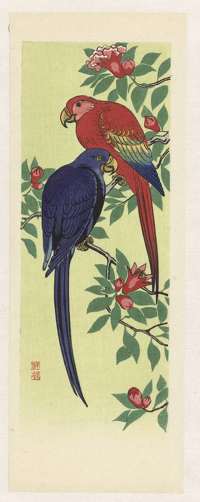 Red and blue parrots vintage Japanese bird paintings