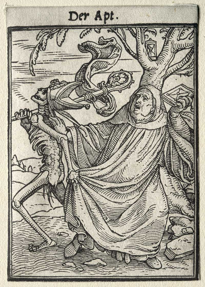 Dance of Death by hans Holbein the Abbot with skeleton