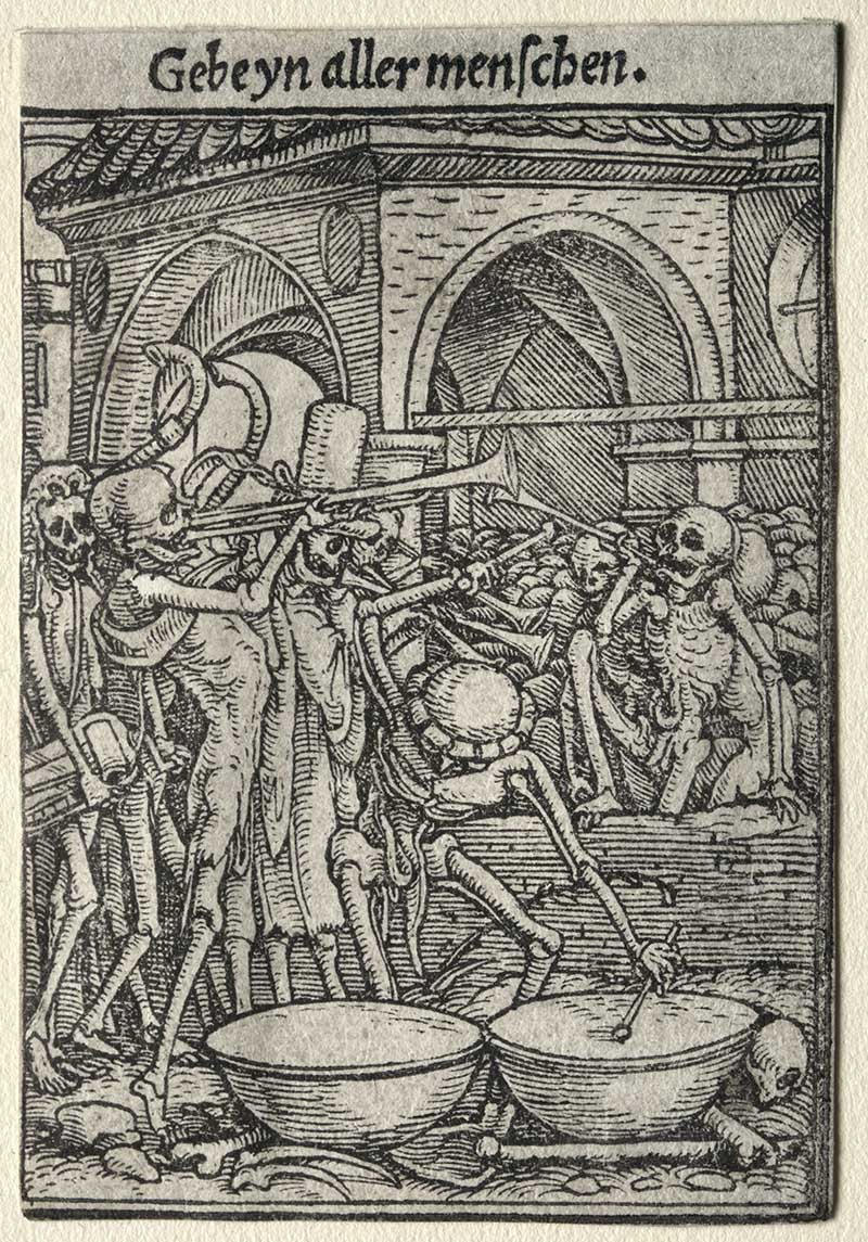Holbeins Dance of Death the trumpeters of death skeletons playing the trumpet