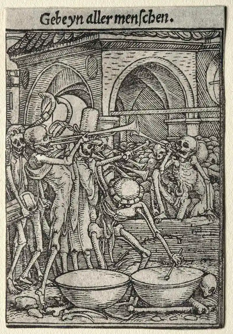 Holbeins Dance of Death the trumpeters of death skeletons playing the trumpet