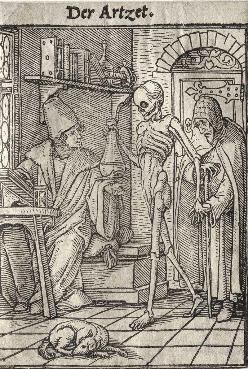 Hans Holbein dance of death the doctor spooky halloween image with skeleton
