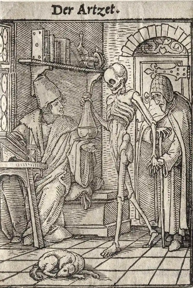 Hans Holbein dance of death the doctor spooky halloween image with skeleton