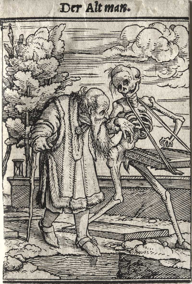 Old man with skeleton Hans Holbein dance of death woodcut print
