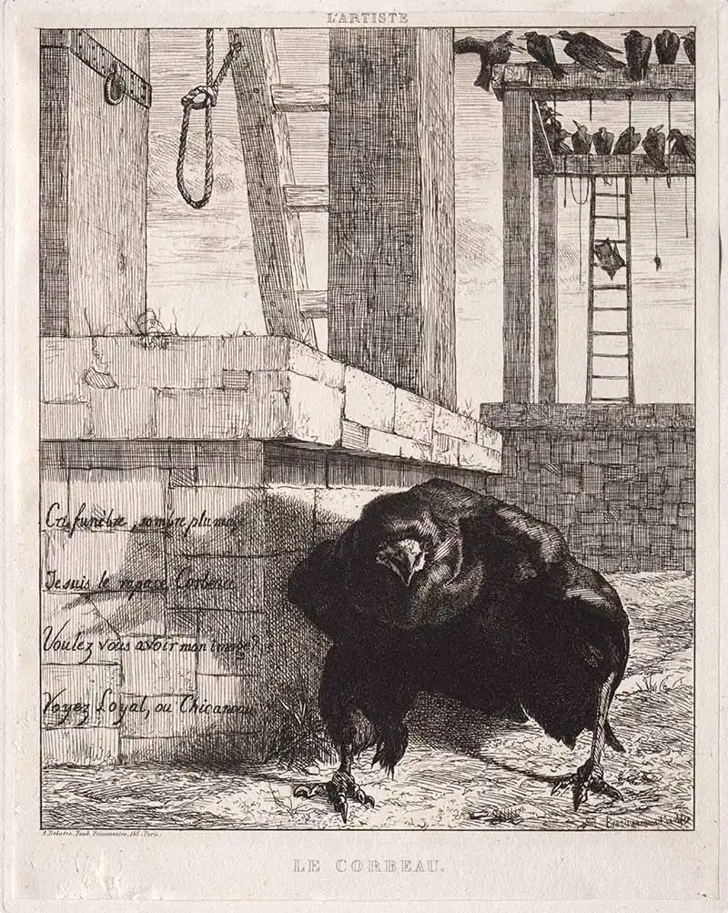 Balck and white vintage spooky print of Ravens