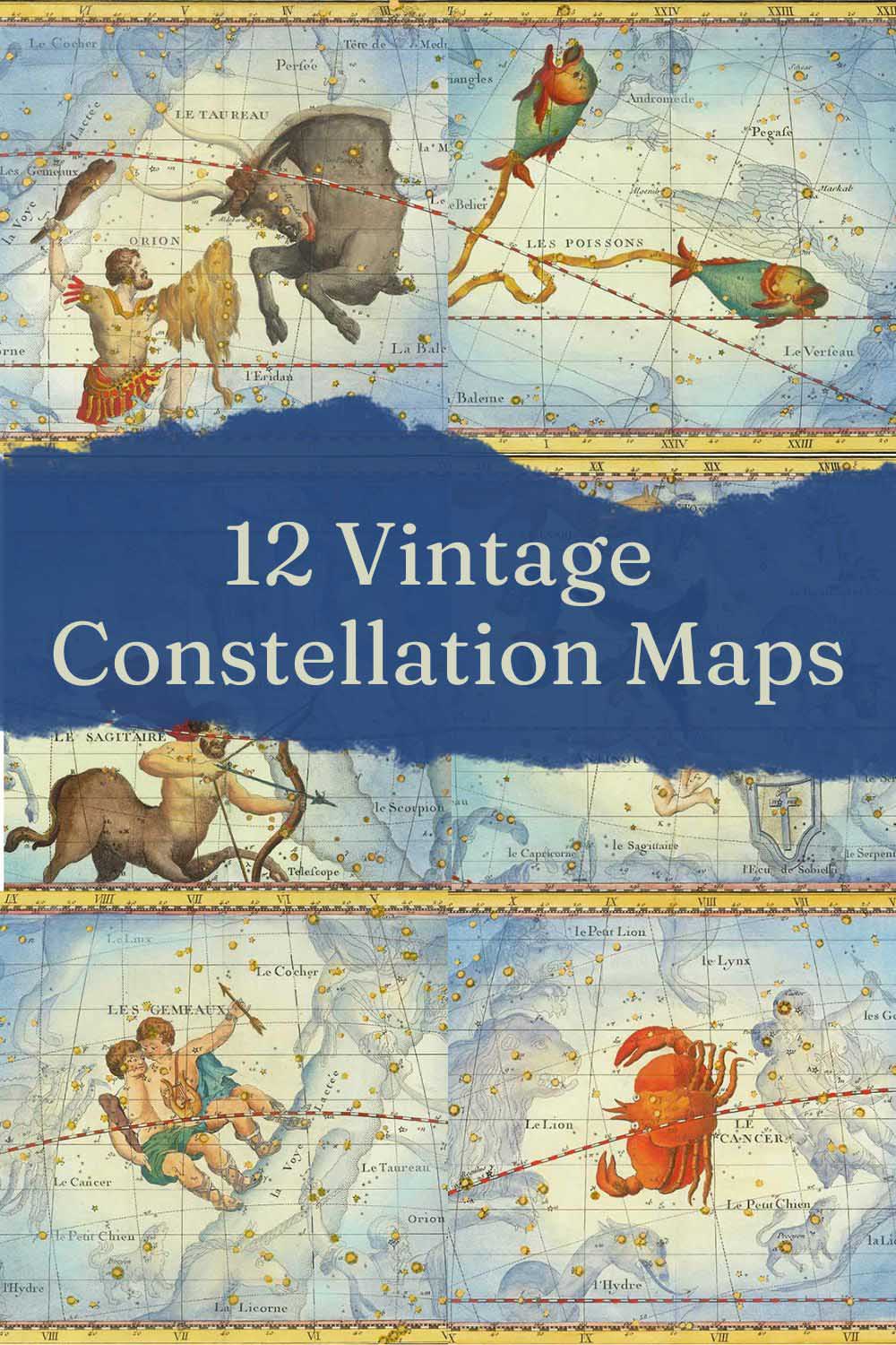 12 vintage constellation maps John Flamsteed pin