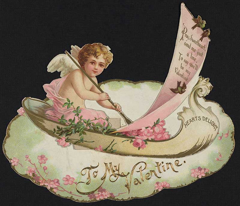Vintage Valentine's Day card of cherub in a boat