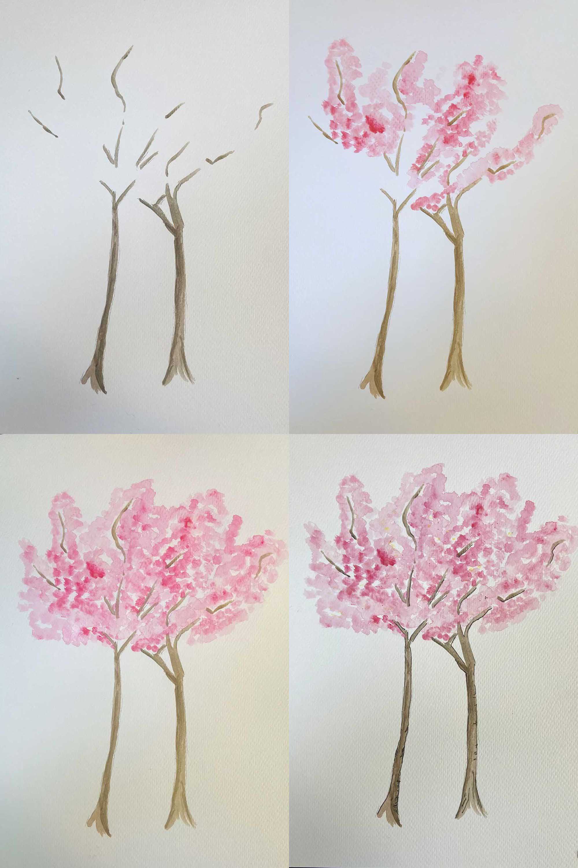 Cherry blossom tree step by step water colour painting