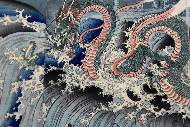 Close up of Japanese woodblock Dragon Print