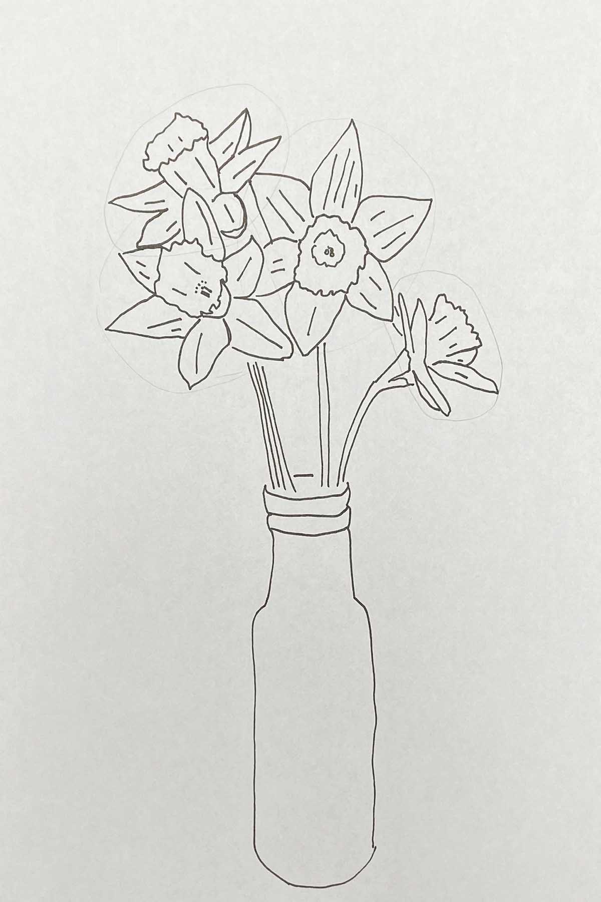 How to draw a bunch of daffodils in a vase adding the details