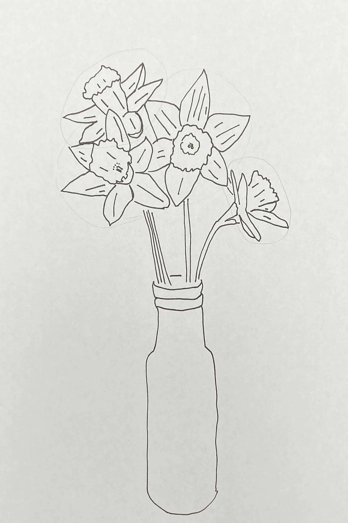 How to draw a bunch of daffodils in a vase adding the details