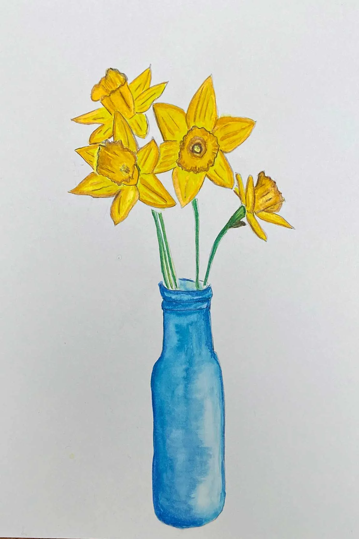 painting and drawing a bunch of daffodils in blue vase