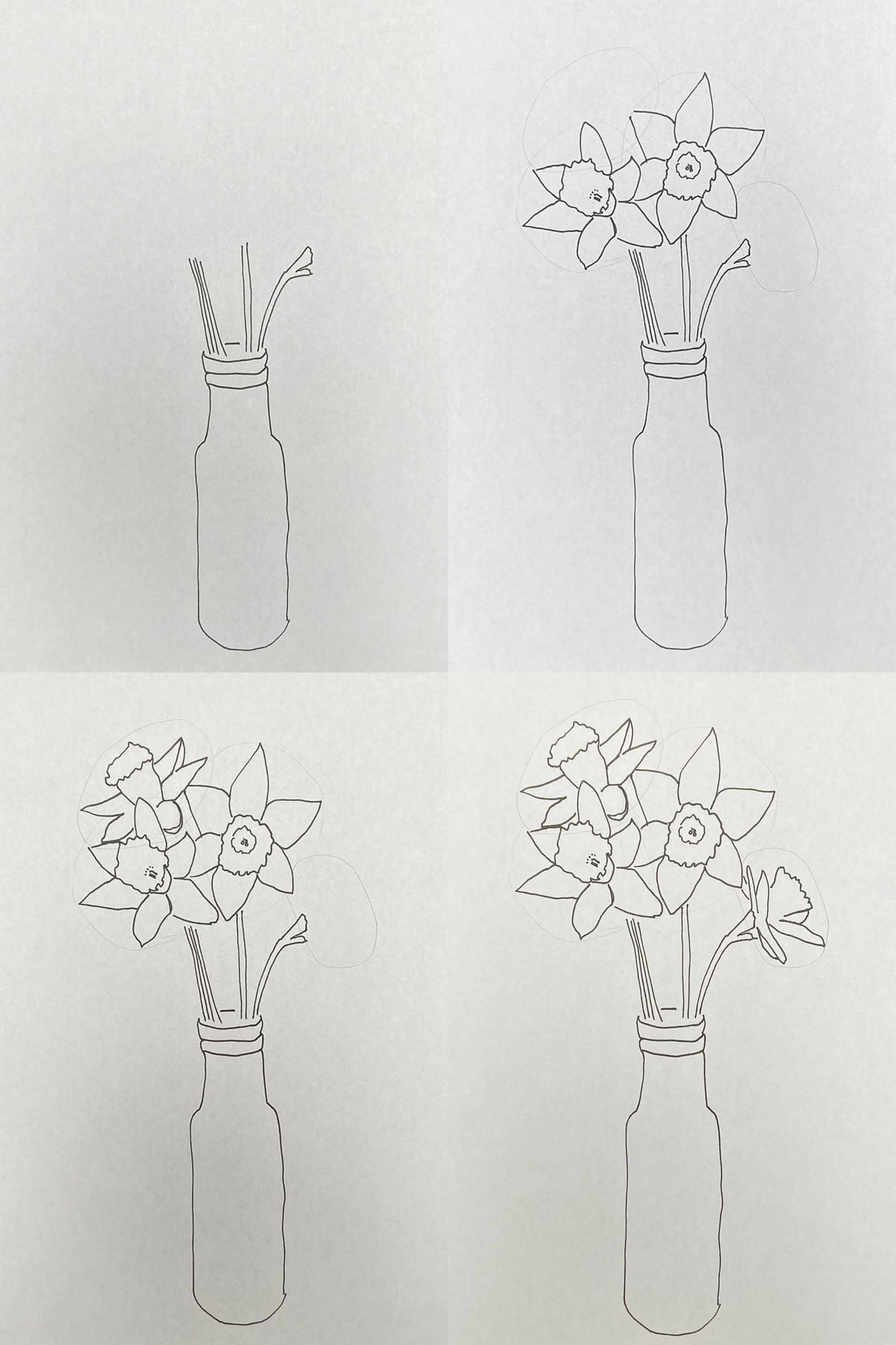 How to draw a bunch of daffodils in a vase