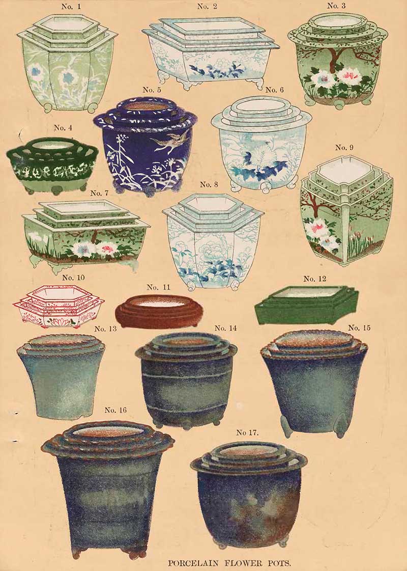 a collection of empty vintage Japanese flower pots from the Yokohama garden catalogue