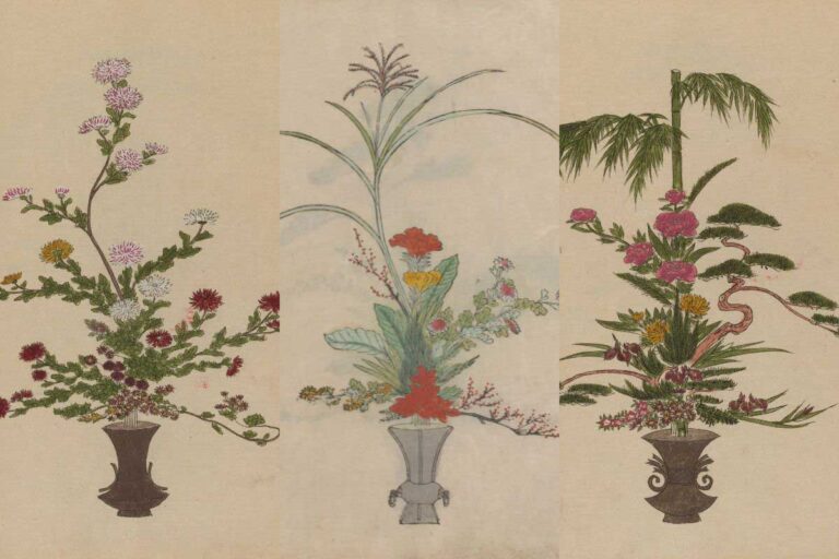 3 vintage japanese ikebana flower arangements