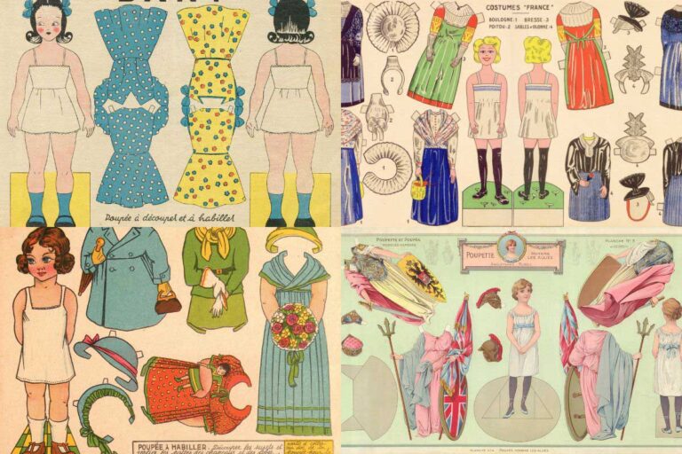 four sheets of vintage paper doll cut outs