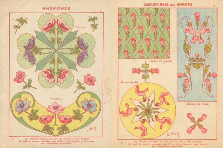 2 art nouveau floral design pattern prints French for feature