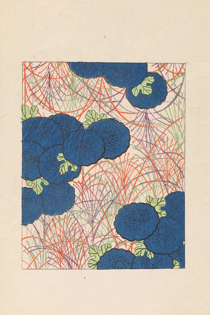 Blue flowers Shin Bijutsukai Japanese woodblock pattern print