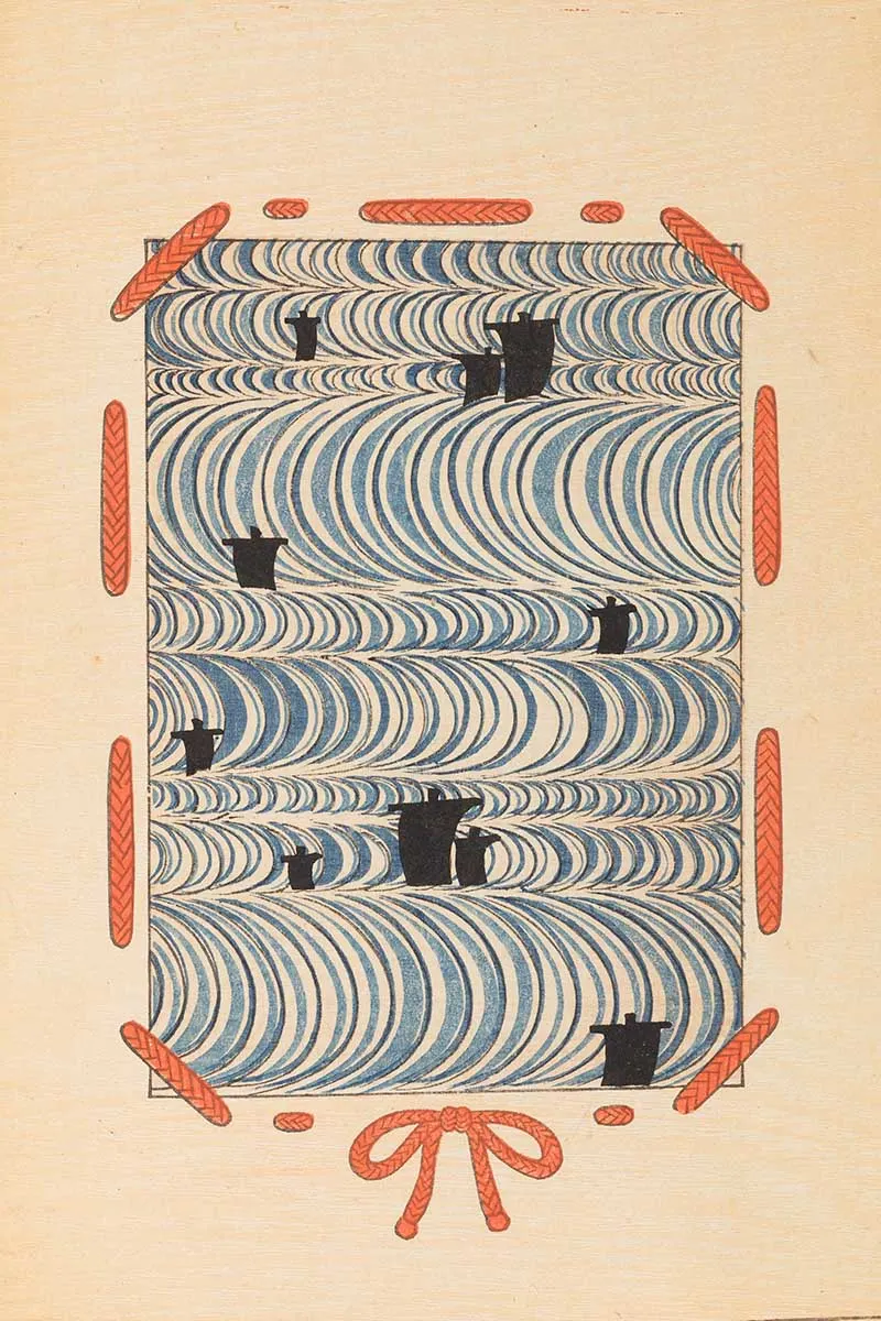 Blue waves and Ships vintage Japanese graphic pattern design 