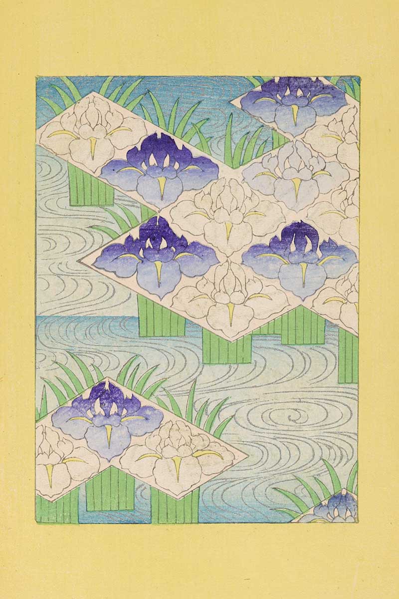 Blue and White Irises Japanese woodblock pattern print Shin-Bijutsukai