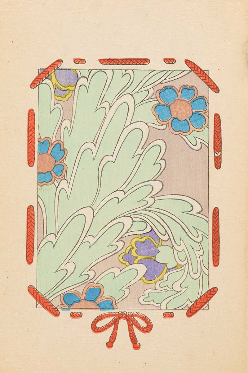 vintage japanese framed graphic of bold colourful flowers and leaves