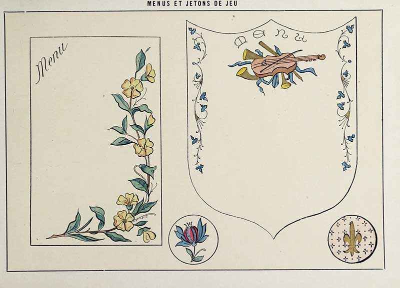 French Art Nouveau decorative game menu and tokens