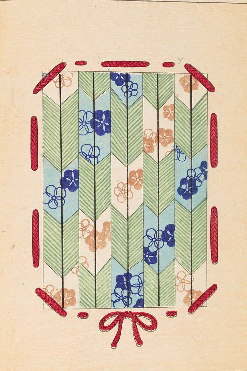 Vintage japanese woodblock graphic print green arrow with blue flowers