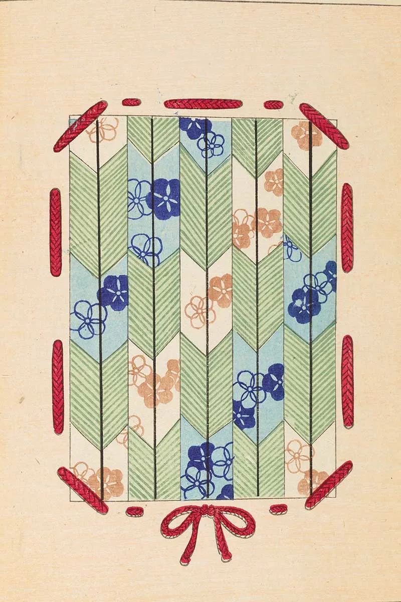 Vintage japanese woodblock graphic print green arrow with blue flowers