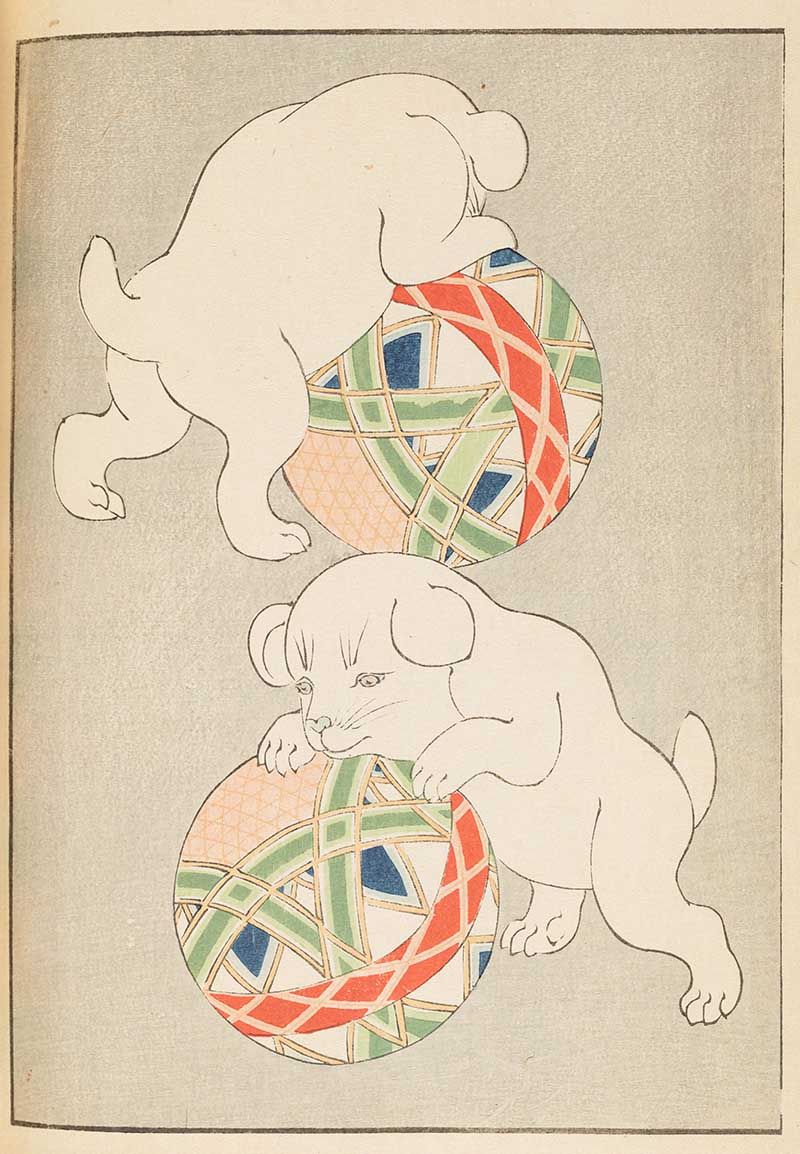 Puppies with Temari balls Japanese vintage prints