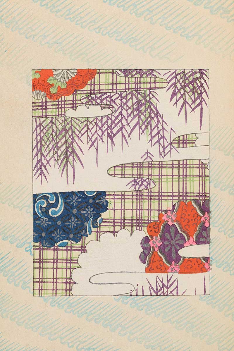 Vintage Japanese graphic print of purple green check with foliage from the Shin-Bijustukai