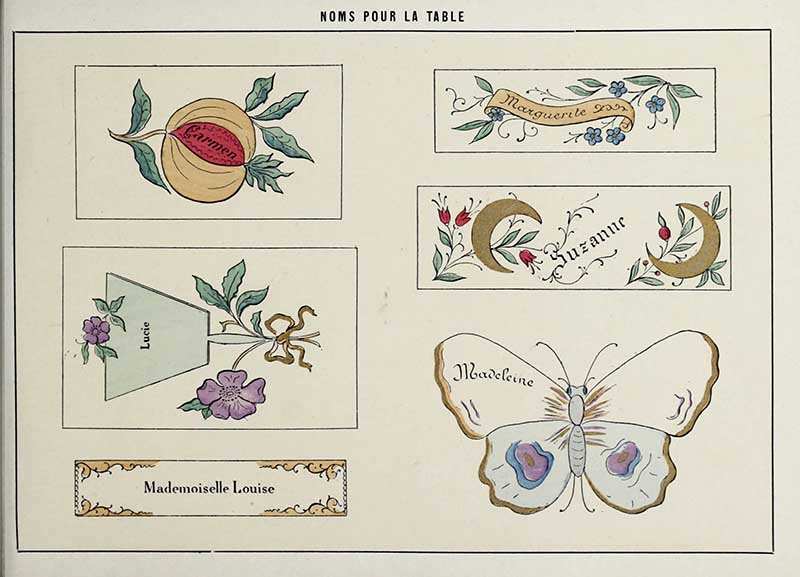six different designs for Art Nouveau table setting place cards