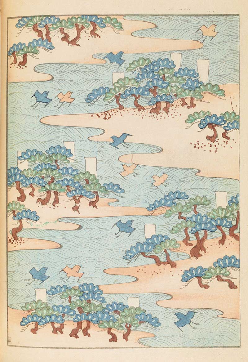 Vintage Japanese pattern from Shin Bijutsukai of trees and river landscape
